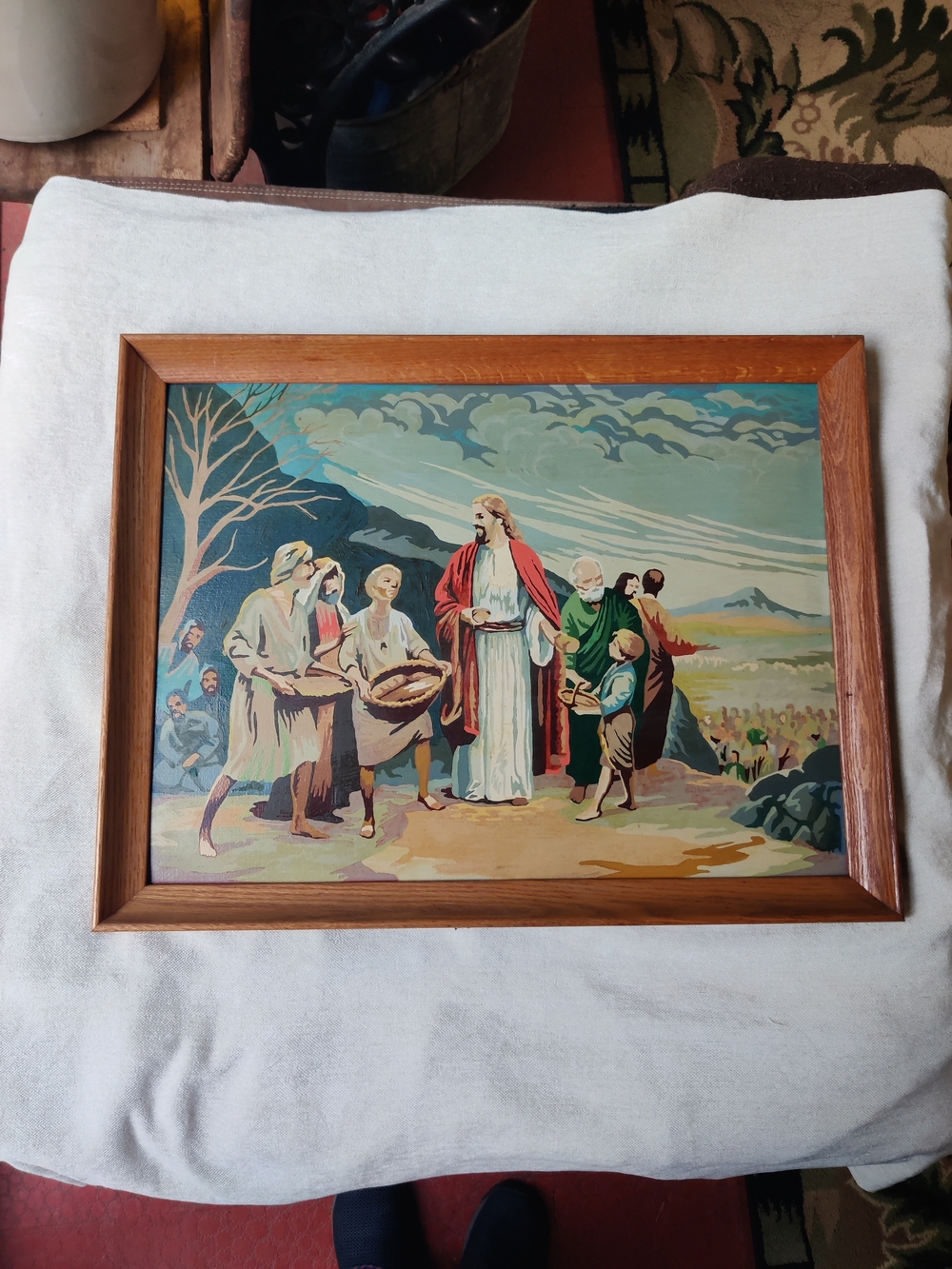 Religious Paint by Numbers Jesus Feeding Hungry Bread Framed 20x26 Kitsch Art